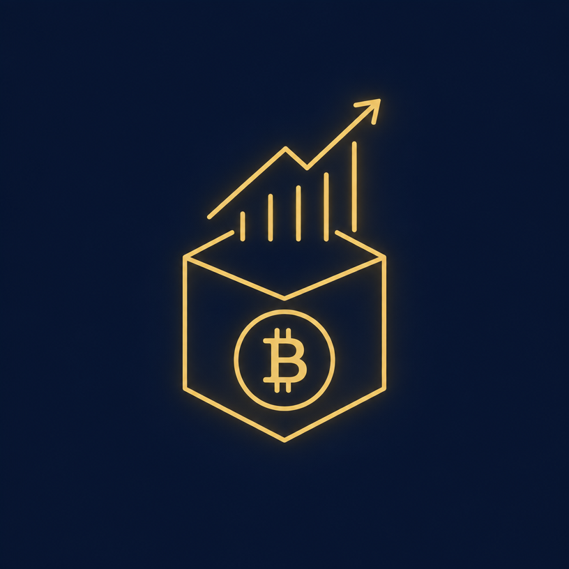 Gold line-art icon of an investment cube
